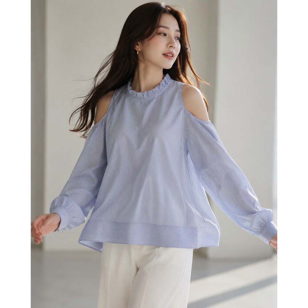 Style Envy Cold Shoulder Blouse Women XL Blue Striped‎ Ruffle Neck Long Sleeve